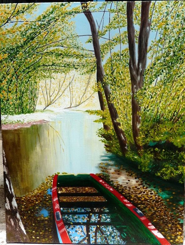" La vieille barque rouge et verte abandonnée sur les bords de l'Isle  à Moulin-Neuf "-marie momelat