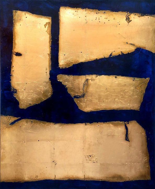 Feuille d'Or Et Bleu Klein Tableau Abstrait Moderne Et Minimaliste-ELIE  D'OLERON