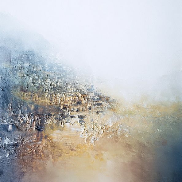 Balance of the Invisible, abstract landscape, minimalism, blue, white, yellow, brown, green-Olivia Maro