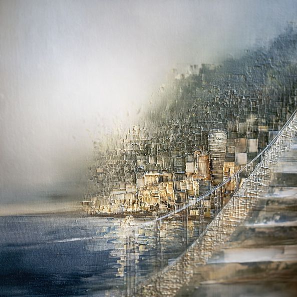 Between the Shore and the Dream, Abstract landscape, bridge, muted natural tones-Olivia Maro