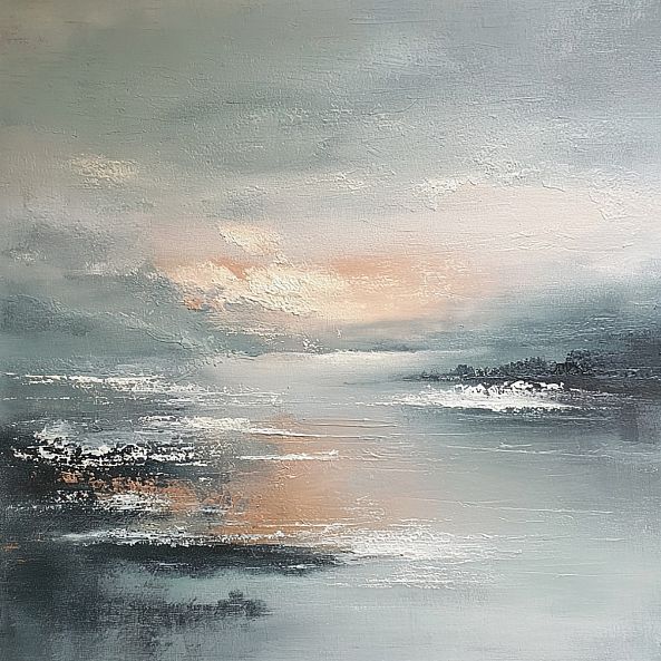 Observation Without Event, abstract landscape, gray-blue milky beige pink-Olivia Maro