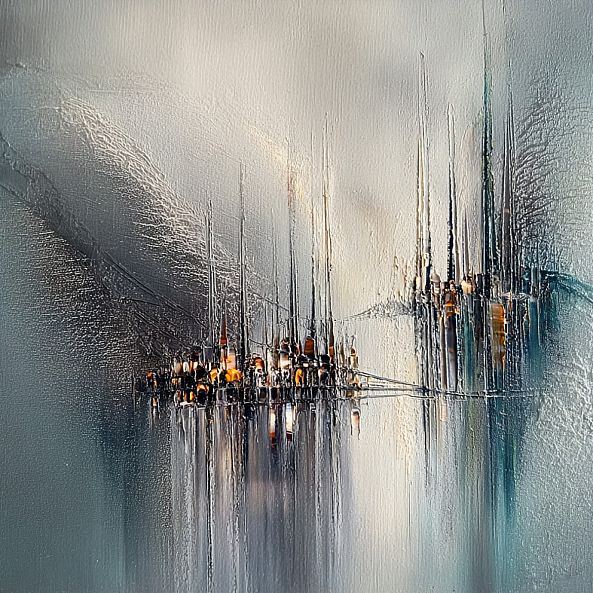 Edge of Reflections, abstract cityscape, calm tones, homedecor-Olivia Maro